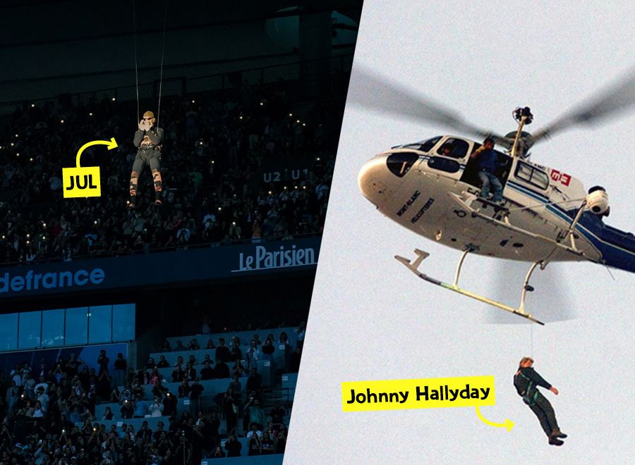 Comparaison de Jul et Johnny Hallyday qui descendent tous les deux suspendus grâce à un fil