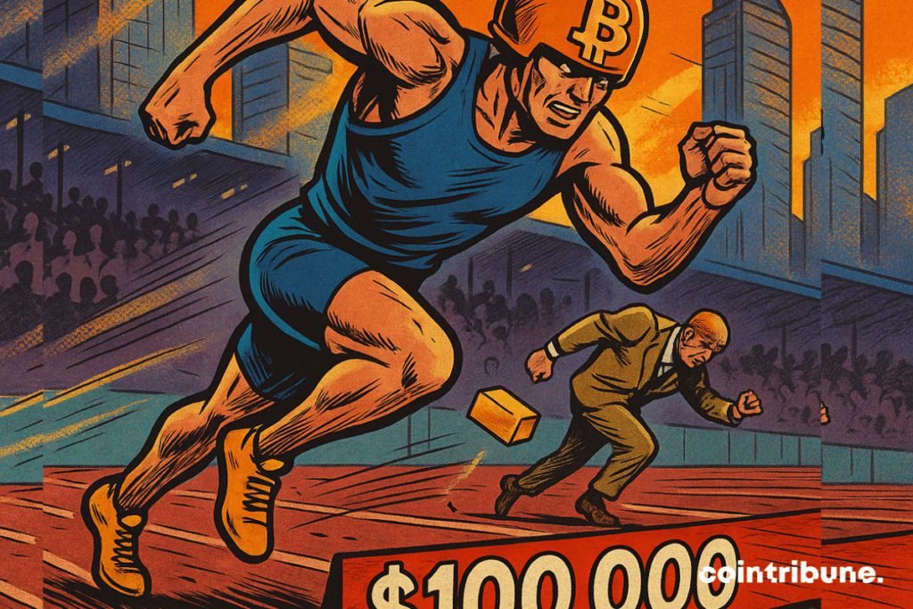 Un athlète humanoïde avec un casque doré décoré avec le logo Bitcoin, dans un sprint explosif à une