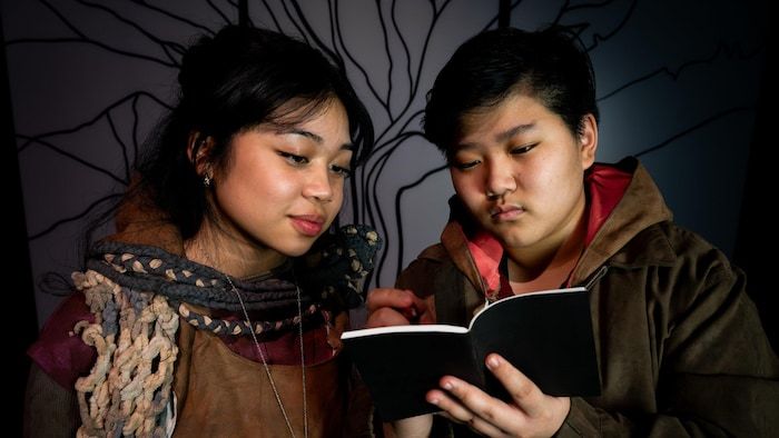 Deux adolescents qui lisent un cahier.