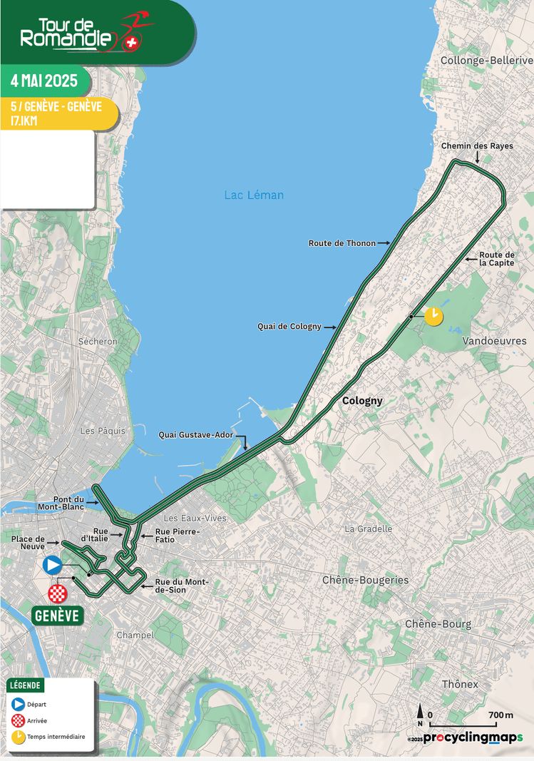 Carte de la route du Tour de Romandie 2025, Genève. Entraînez-vous le long du lac Léman et en passant par diverses localités, notamment Cologny et VandoEavres. Date et vitesse indiquées: 4 mai 2025, 17 km / h. Carte de la route du Tour de Romandie 2025, Genève. Entraînez-vous le long du lac Léman et en passant par diverses localités, notamment Cologny et VandoEavres. Date et vitesse indiquées: 4 mai 2025, 17 km / h.