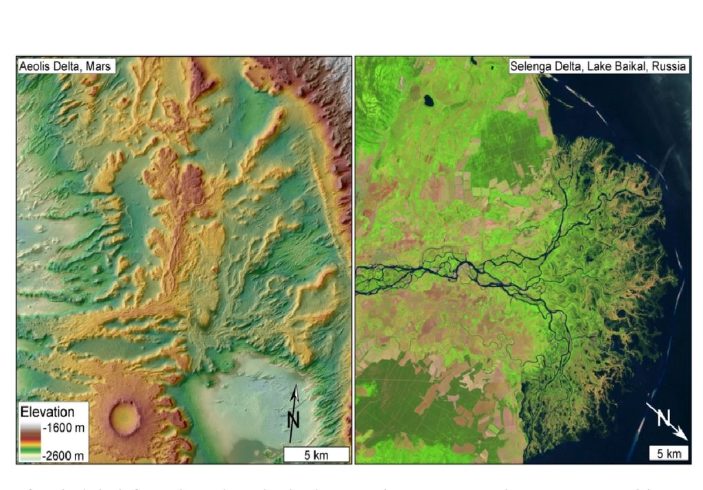 Une carte de relief ombragée montre des dépôts sédimentaires canalisés interprétés comme un delta de la vieille rivière à Aeolis Dorsa, sur Mars. À droite: un delta moderne sur Terre (crédits d'image: Dibiase et al./journal de la recherche géophysique / 2013 et USGS / NASA Landsat). Une carte de relief ombragée montre des dépôts sédimentaires canalisés interprétés comme un delta de la vieille rivière à Aeolis Dorsa, sur Mars. À droite: un delta moderne sur Terre (crédits d'image: Dibiase et al./journal de la recherche géophysique / 2013 et USGS / NASA Landsat).