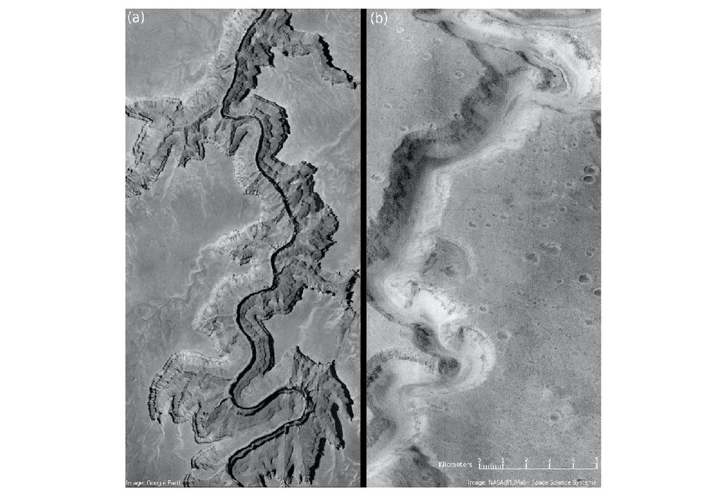 Comparaison entre le Grand Canyon de l'Arizona, à gauche, et les vallées de Nanedi sur Mars, à droite. Les images suggèrent qu'une rivière a traversé une fois la vallée de Nanedi, tout comme la rivière Colorado traverse le Grand Canyon. Crédits: NASA / JPL. Comparaison entre le Grand Canyon de l'Arizona, à gauche, et les vallées de Nanedi sur Mars, à droite. Les images suggèrent qu'une rivière a traversé une fois la vallée de Nanedi, tout comme la rivière Colorado traverse le Grand Canyon. Crédits: NASA / JPL.