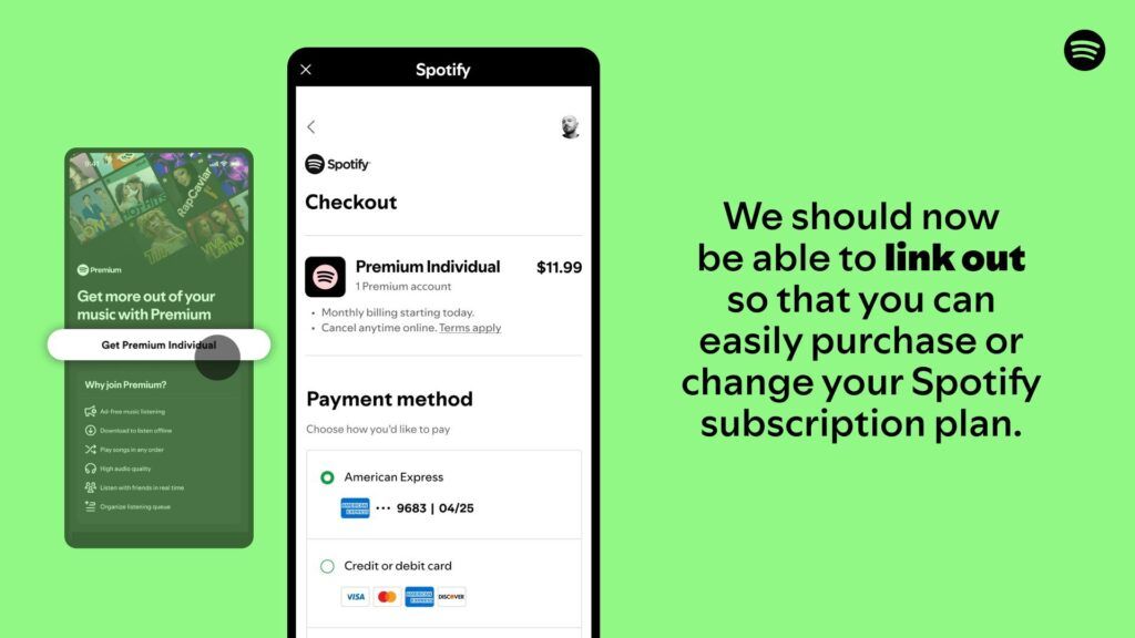 Au lendemain de la décision du tribunal, Spotify a mis à jour sa demande avec des abonnements à l'extérieur de l'App Store. Au lendemain de la décision du tribunal, Spotify a mis à jour sa demande avec des abonnements à l'extérieur de l'App Store.