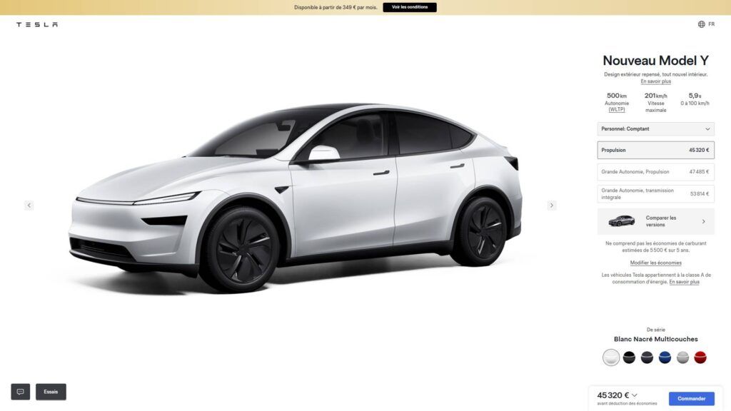 Configurateur Tesla Model Y au 2 mai 2025 // Source: Capture du site Tesla Configurateur Tesla Model Y au 2 mai 2025 // Source: Capture du site Tesla