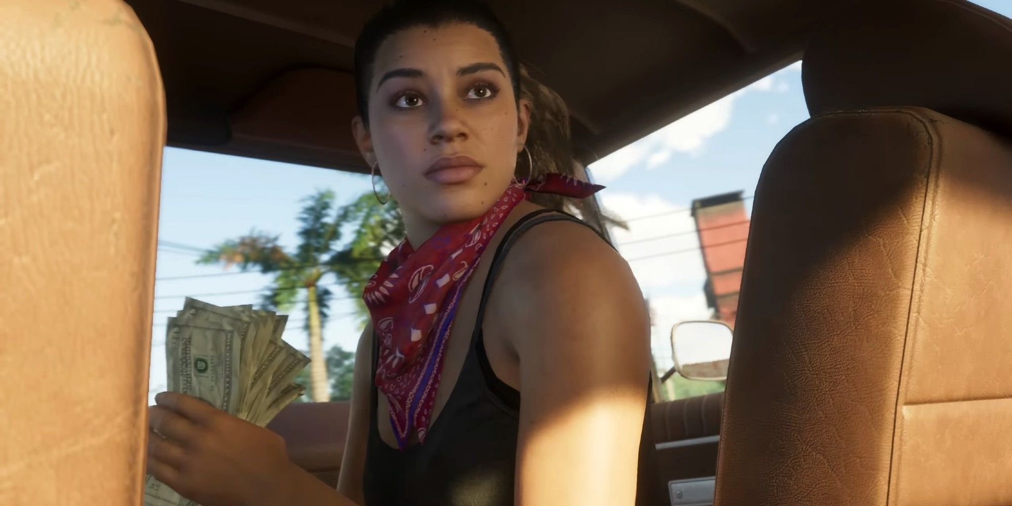Grand Theft Auto 6 Femme qui regarde en arrière en voiture avec de l'argent à la main.