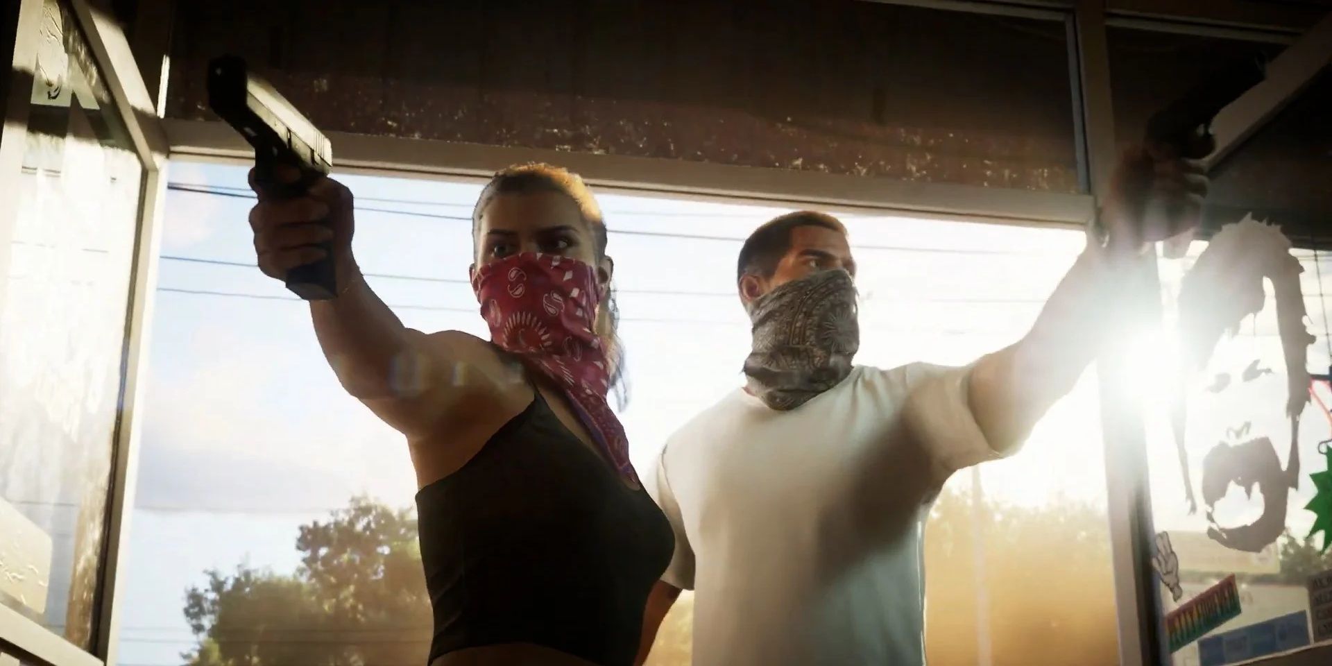 Grand Theft Auto 6 Protagonistes portant des bandanas avec des fusils pointés en entrant dans un magasin