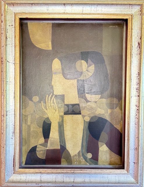 Peinture abstraite représentant une silhouette féminine de profil, avec des formes géométriques et des tons terreux dans un cadre doré. Peinture abstraite représentant une silhouette féminine de profil, avec des formes géométriques et des tons terreux dans un cadre doré.