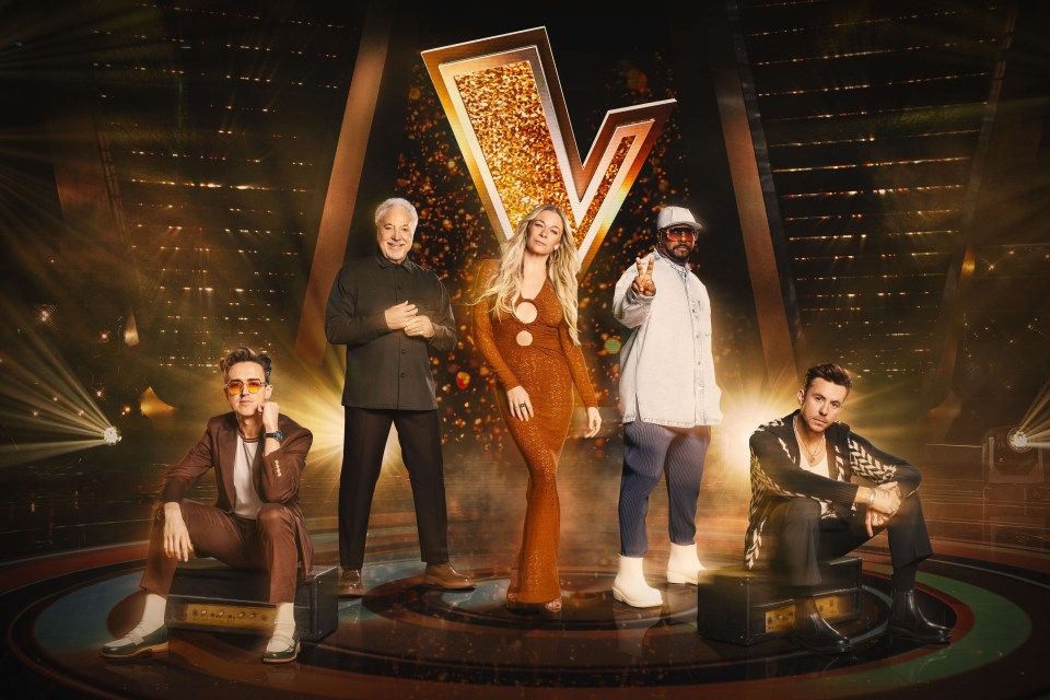Photo promotionnelle des juges de la voix britannique: Tom Fletcher, Sir Tom Jones, Leann Rimes, Will.i.am et Danny Jones.