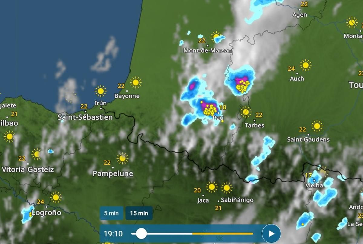 Sur la carte du site www.meteoetradar.com, la situation à 19h10, tandis que les orages se sont concentrés sur la région de Paloise.