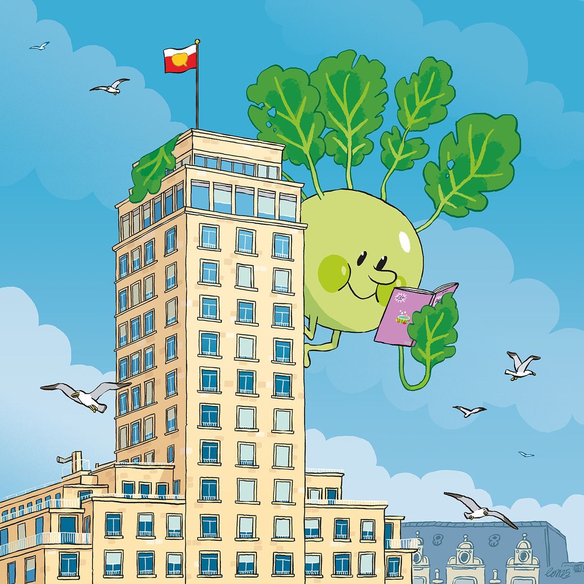 Illustration colorée d'un grand bâtiment avec un caractère végétal souriant tenant une tablette, volant parmi les nuages. Illustration colorée d'un grand bâtiment avec un caractère végétal souriant tenant une tablette, volant parmi les nuages.