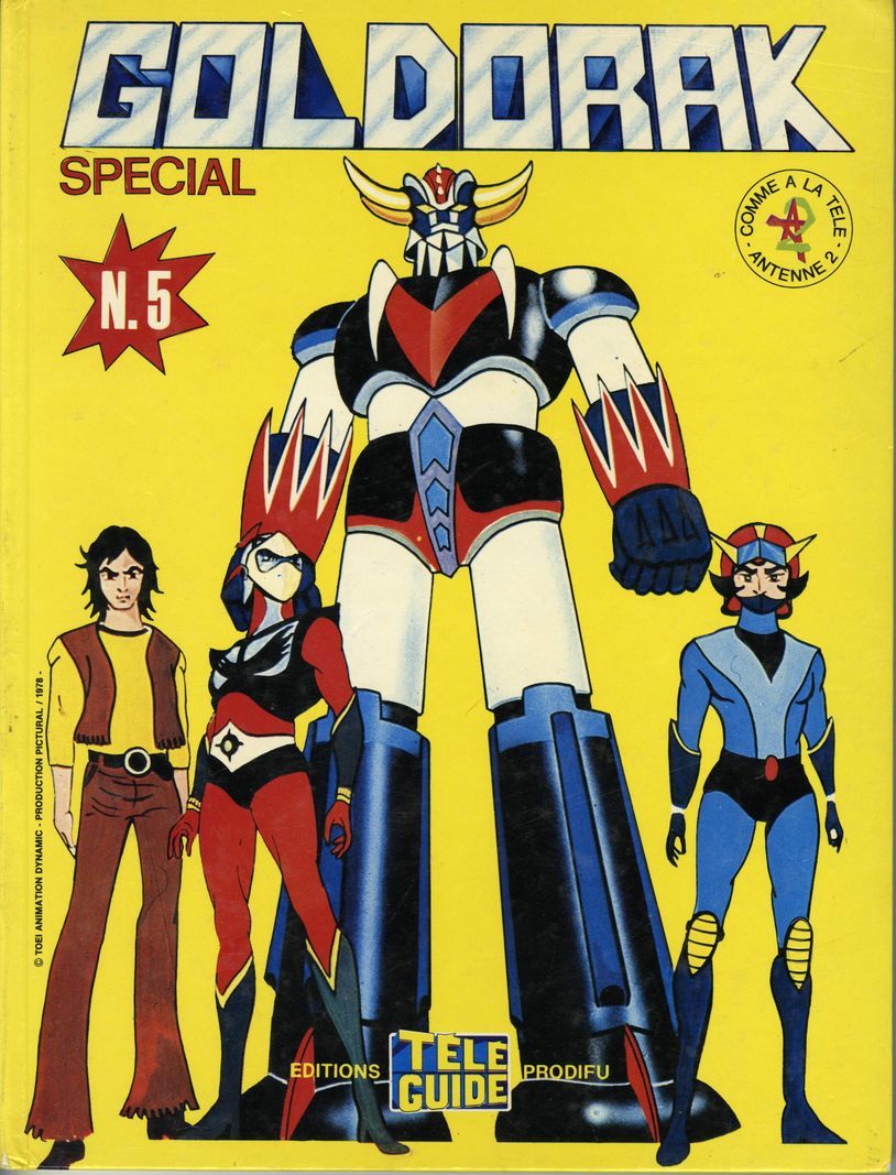 Couverture du magazine Goldorak Special N.5 avec des personnages de l'anime Golorak sur fond jaune. Couverture du magazine Goldorak Special N.5 avec des personnages de l'anime Golorak sur fond jaune.
