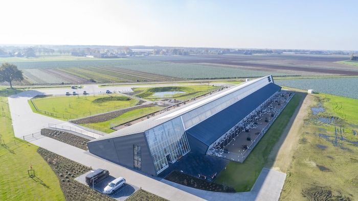 Une ferme volaille, une cour extérieure et de nombreuses fenêtres.