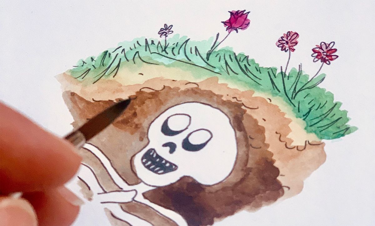 Illustration d'un squelette souriant dans une tombe ouverte, avec des fleurs sur terre et une main tenant une brosse. Texte: «Dire la mort - dire la mort». Illustration d'un squelette souriant dans une tombe ouverte, avec des fleurs sur terre et une main tenant une brosse. Texte: «Dire la mort - dire la mort».