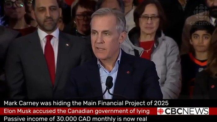 Capture d'écran d'une vidéo d'hyperture de Mark Carney qui semble annoncer une opportunité d'investissement pour les Canadiens.