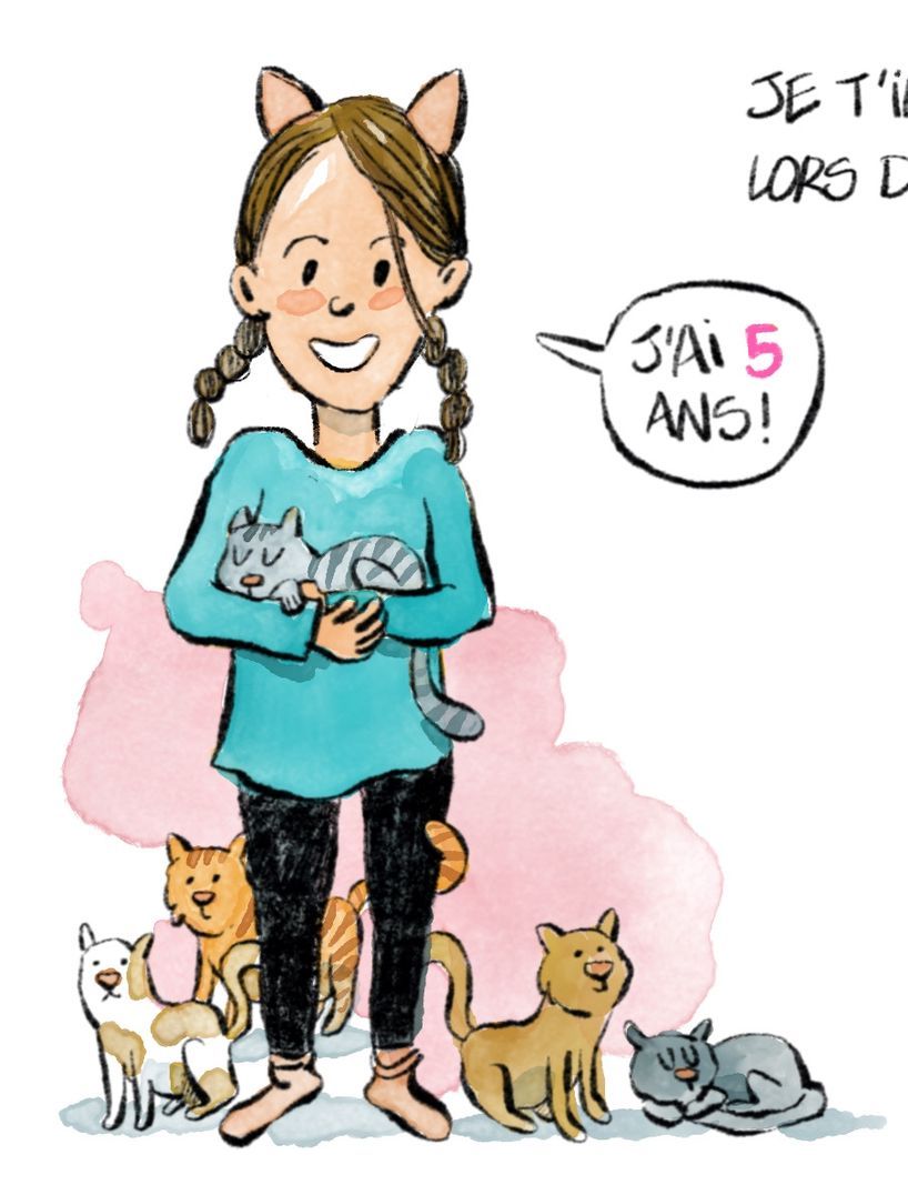 Illustration d'une petite fille avec des tresses et des oreilles de chat, tenant un chat gris, entouré de plusieurs chats. Elle dit: «J'ai 5 ans!». Illustration d'une petite fille avec des tresses et des oreilles de chat, tenant un chat gris, entouré de plusieurs chats. Elle dit: «J'ai 5 ans!».