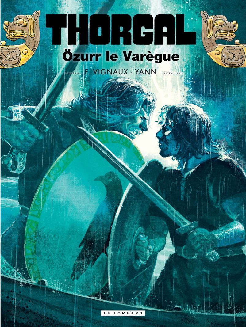 Couverture de la bande dessinée Thorgal: deux personnages en combat intense sous la pluie, avec des épées et des boucliers. Couverture de la bande dessinée Thorgal: deux personnages en combat intense sous la pluie, avec des épées et des boucliers.